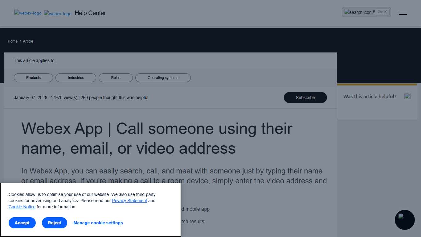 Webex App Call someone using their name, email, or video address